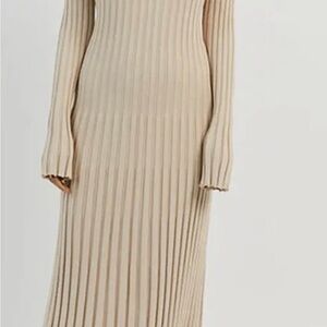 Elegant Beige Ribbed Knit Dress